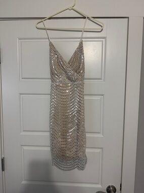 Lulu's Silver Sequin Cowl Neck Midi Dress